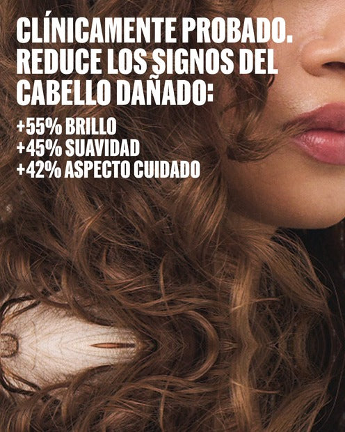 Clínicamente probado. Reduce los signos del cabello dañado: +55% brillo, +45% suavidad, +42% aspecto cuidado